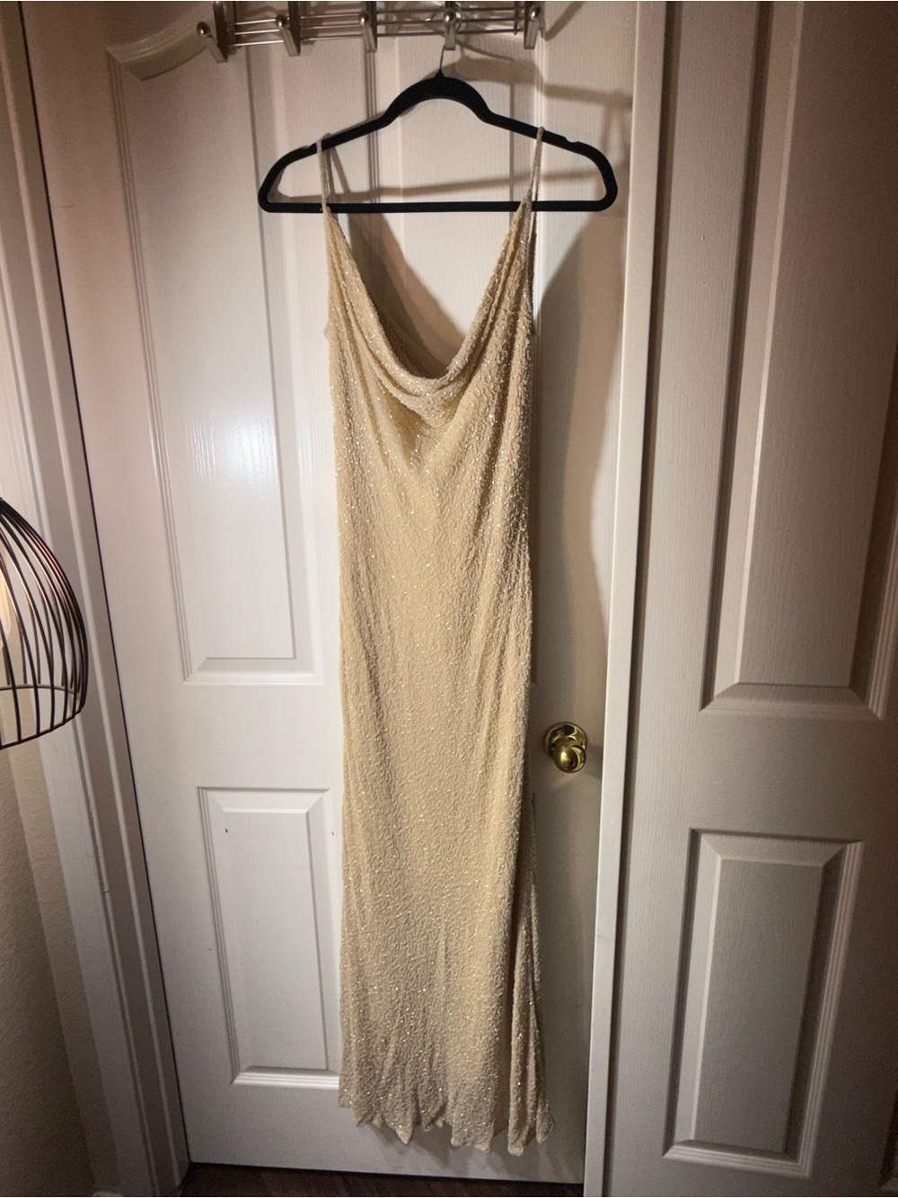 Elegant Cream Beaded Cowl Neck Slip Dress